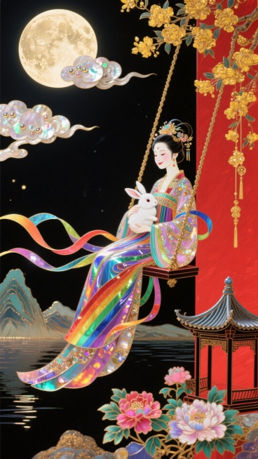 画面风格为具有浓郁中国风的插画风格。内容主体是一位身着华丽飘逸古装的女子，坐在秋千上，怀中抱着一只白兔，女子发髻精致，面带微笑，古装色彩绚丽，带有彩虹般的光泽，身后飘着彩色丝带。场景是在一个传统中式月预览效果