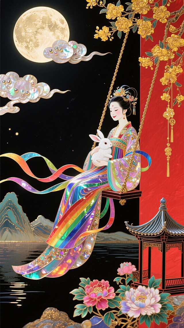 梦幻月夜，古典仕女执玉兔坐秋千，彩带飘飞，鎏金花枝与浮雕亭台辉映，工笔细腻，刺绣质感，中秋浪漫意境尽显。