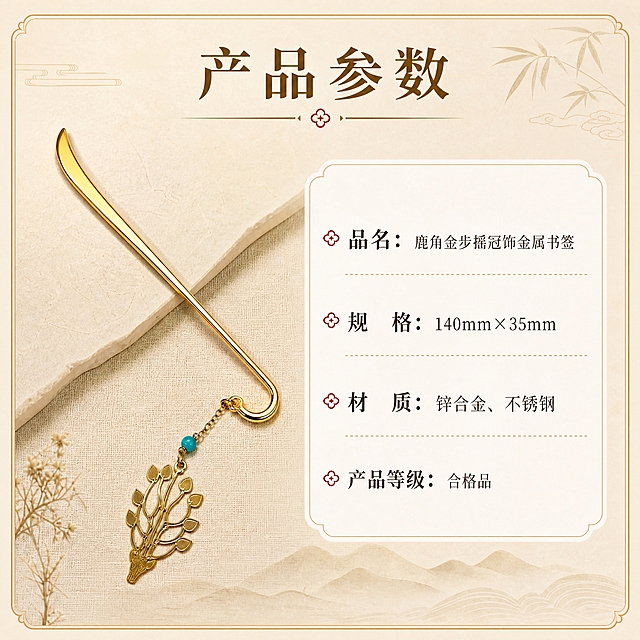 [主图-6] 产品参数与规格，清晰展示品名、规格、材质、等级等核心信息，帮助用户快速了解产品。
[统一基调] 整体风格=国风雅致写实商业摄影；背景主色=浅米金；标题字色=深棕金；辅助字色=暖棕灰；强调色=朱砂红；字体样式=宋体衬线粗体；卡片/边框样式=细金色圆角边框、浅底信息卡。
[画面] 左侧放置书签实物图（斜向摆放，完整展示书签杆与吊饰），右侧为参数信息区域；背景为浅米仿古宣纸质感，底部有淡墨山水纹样装饰；产品占画面45%，左右布局均衡。
[光影质感] 均匀柔和自然光，金属书签光泽真实，参数区域背景干净，整体画面清晰工整。
[配色] 主色浅米金，背景为宣纸纹理浅米色；强调色朱砂红用于参数项目符号；深棕文字清晰易读。
[文字版式] 顶部居中主标题「产品参数」；右侧参数区用圆角浅底信息卡承载，文字内容严格原样：品名：鹿角金步摇冠饰金属书签；规格：140mm×35mm；材质：锌合金、不锈钢；产品等级：合格品；每项前配朱砂红小花图标；所有文字横排，清晰工整无错别字。
[输出要求] 1:1正方形800×800px，2K分辨率，文字清晰可读，产品清晰锐利；避免变形、错字、模糊、杂乱、水印、平台Logo、冷蓝背景、产品结构失真。