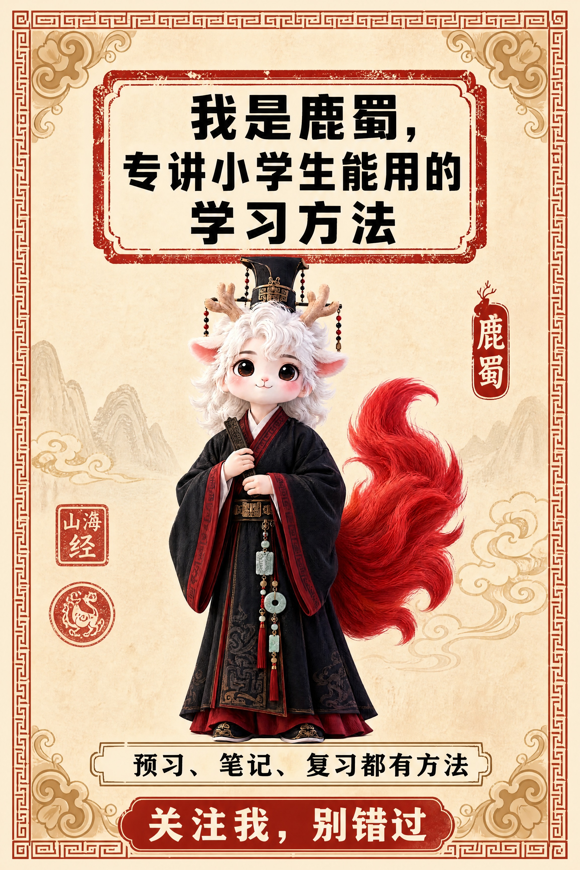小红书笔记结尾页，统一模板，国风山海经风格，米黄色宣纸纹理背景… - 图片创意预览