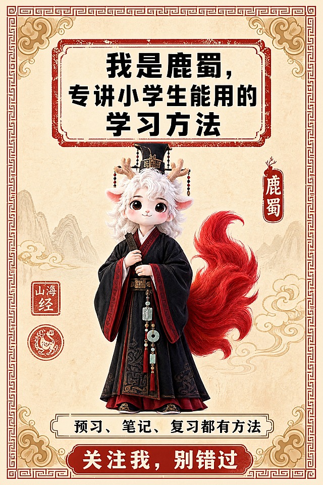 小红书笔记结尾页，统一模板，国风山海经风格，米黄色宣纸纹理背景、朱红色印章式标题框、回纹边框、祥云卷草纹边角装饰，整体典雅国风气韵。版式精美，小红书笔记封面质感。主标题逐字锁定：「我是鹿蜀，专讲小学生能用的学习方法」。主标题置于画面上方朱红色印章式框内，黑色粗黑体，字号醒目。中间配图：鹿蜀小神兽全身像（黑红金古装，手持竹简，红尾巴）抠图置于画面中央偏左，大小占画面约 50%，形象完整清晰。下方文字逐字锁定：「预习、笔记、复习都有方法」，置于回纹细线框内。最底部关注引导逐字锁定：「关注我，别错过」，朱红色底白字，醒目突出。装饰：四周加回纹细线边框；角落加祥云或卷草纹点缀；加少量国风印章元素。整体氛围：国风典雅、IP人设强化、引导关注。画质：高清细腻，信息层级清晰，文字与背景强对比，所有文字完整处于安全区内不可裁切，四周留安全边距。图生图：【图1】= 黑红古装鹿蜀小神兽全身像抠图，作为IP主体形象展示。画面比例 2:3，4K。
