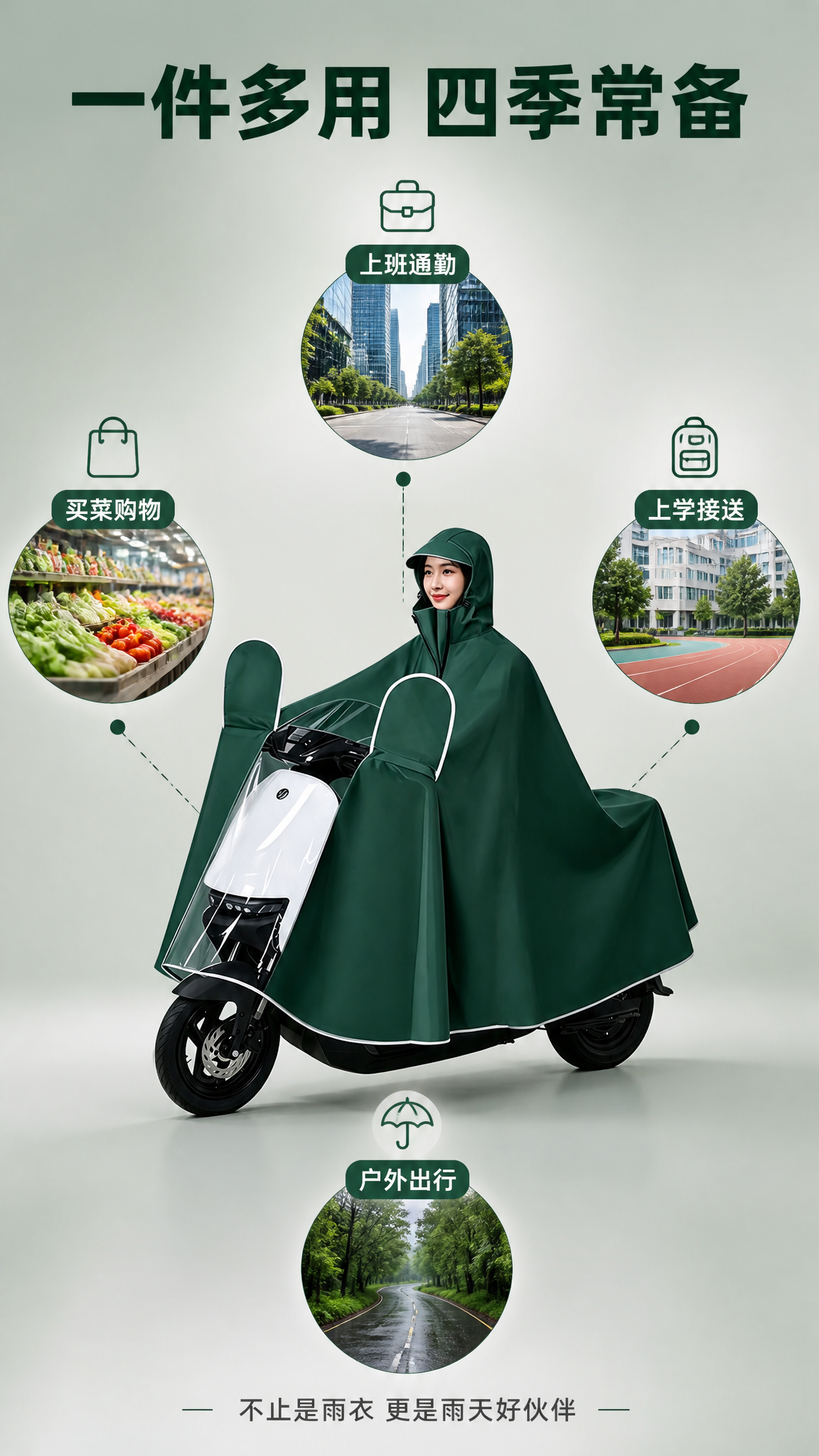 [商品] 使用【图2】墨绿色电动车雨衣骑行款产品图；保留雨衣结… - 图片创意预览