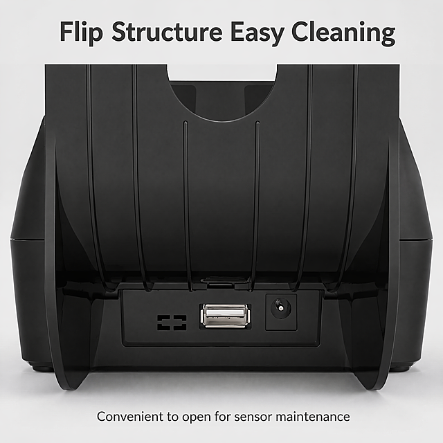 [Main Image 3] Flip Up Structure Close-up Detail for ST-V32 money detector. This screen uses image 2 as product rear interface detail. 
[Atmosphere/Style] Macro detail display, professional commercial photography, clean light gray background, focus on structure detail. 
[Element Layout] Product rear USB interface and battery compartment takes up 75% of frame, maintain product physical structure, material texture, color completely consistent with input image 2. This highlights the unique flip structure that allows easy access to clean the sensor. Top title, bottom short description text. 
[Lighting & Texture] Side lighting to highlight plastic texture and interface contour, clear detail texture, sharp focus on USB port. 
[Color Scheme] Light gray background, matte black product body, silver USB interface, dark text, strong contrast. 
[Perspective & Composition] Front perspective focusing on rear interface and flip structure, center composition. 
[Text & Layout] Top title "Flip Structure Easy Cleaning", bottom description "Convenient to open for sensor maintenance", text all English, clear readable, not overlapping interface detail.
[Proportion & Resolution] 1:1 ratio, 2048x2048 resolution, 4K. 
[Negative Prompt] Blurry detail, deformed product, wrong structure, extra Chinese text, watermark.
