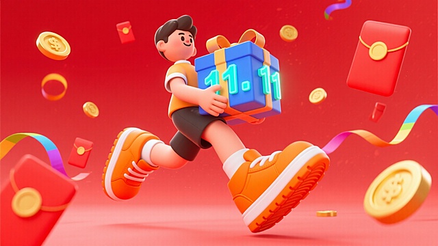 男生抱着一个巨大礼盒（盒子正面印着清晰的数字”11.11“）奔跑，周围漂浮着金币、购物红包、彩带，干净的红色背景