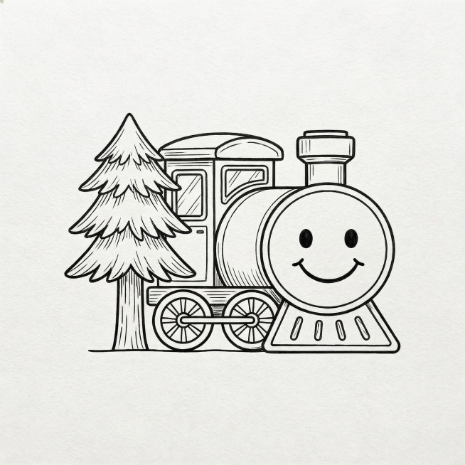 小火车logo设计勾线细化阶段：用清晰的黑色描边勾勒所有元素的轮廓，补充火车窗户、轮子、笑脸、松树层次等细节，无填充颜色，呈现线稿完成的手绘质感，背景为白色画纸预览效果