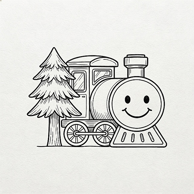 小火车logo设计勾线细化阶段：用清晰的黑色描边勾勒所有元素的轮廓，补充火车窗户、轮子、笑脸、松树层次等细节，无填充颜色，呈现线稿完成的手绘质感，背景为白色画纸