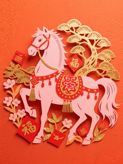 主体是橘粉骏马（装饰朱红纹样、流苏配饰，点缀金箔质感），周围环绕金松、水仙、福字、红包等吉祥元素，背景为橙红色纹理，配色浓烈鲜艳（橘粉、朱红、橙红、金等），风格喜庆华贵、充满传统吉祥寓意预览效果