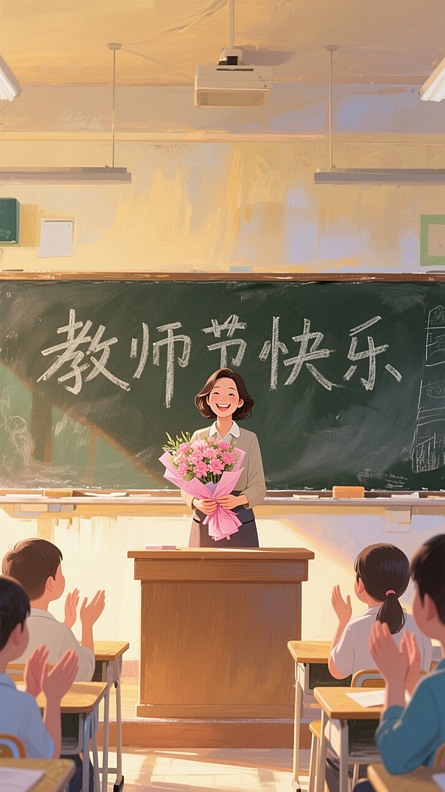 教室里，黑板上写着 “教师节快乐” ，一位笑容灿烂的女教师捧着粉色包装的一束花站在讲台上面对学生，学生鼓掌，暖黄色光影，正视，画面重心居下
