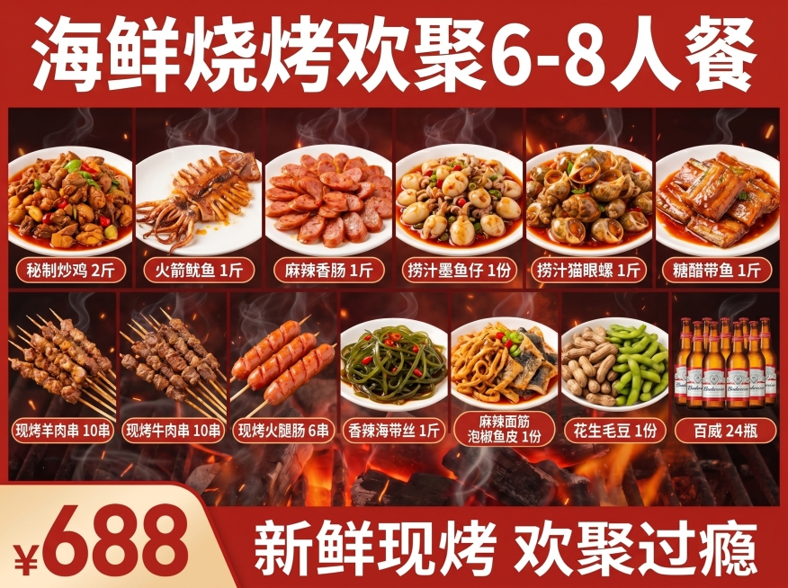 参考上传图片的样式，生成海鲜烧烤欢聚6-8人餐套餐头图。保留相同版式风格：顶部红色通栏大标题，中分两行排列菜品展示区，共13种菜品，每种菜品配红色圆角标签框标注名称和份量，底部左侧放价格区，价格标注为预览效果