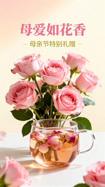 设计一张玫瑰花茶和母亲节结合的宣传海报，使用借代创意图像设计方法，用玫瑰花茶元素借代母亲节礼物，整体暖色调温馨氛围，主文案"母爱如花香"，清新电商海报风格预览效果