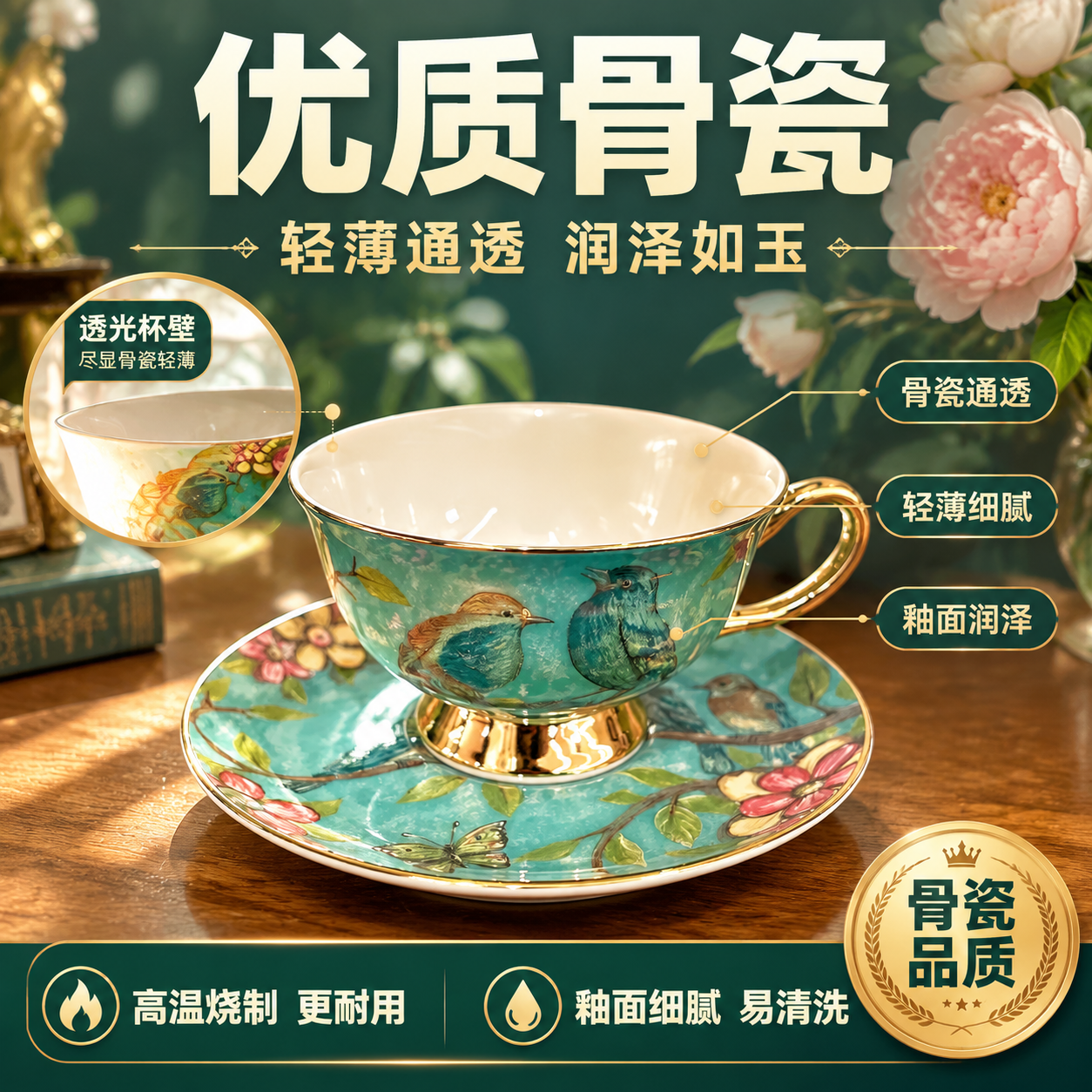 拼多多电商主图，欧式复古花鸟骨瓷咖啡杯碟套装（蓝绿款）材质卖点… - 图片创意预览
