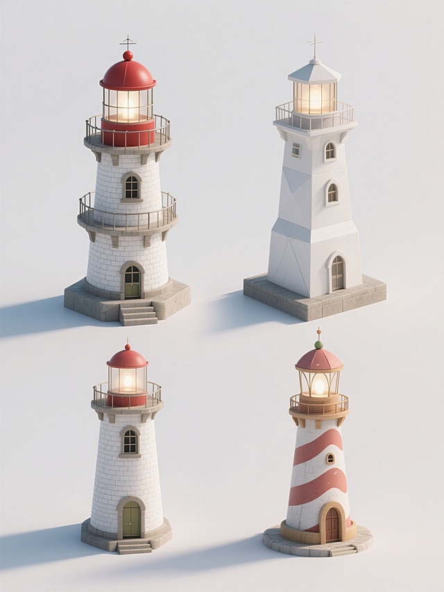 四个造型完全不同的灯塔元素系列素材集合，均保持高写实3D渲染风格，具有清晰的白色砖石纹理、红色圆顶灯塔顶部、细致的金属栏杆和对称分布的小窗户，统一采用纯白色纯色背景，每个灯塔拥有独特设计：第一个为传统圆柱形带多层平台灯塔，第二个为方形基座向上渐变为八角形塔身的复古风格灯塔，第三个为现代简约风格的几何切割形灯塔，第四个为带有波浪形装饰纹路的童话风灯塔，四个灯塔元素规整排布成2x2网格布局，每个灯塔底部有自然投射的阴影，整体保持一致的光影效果和材质质感。
