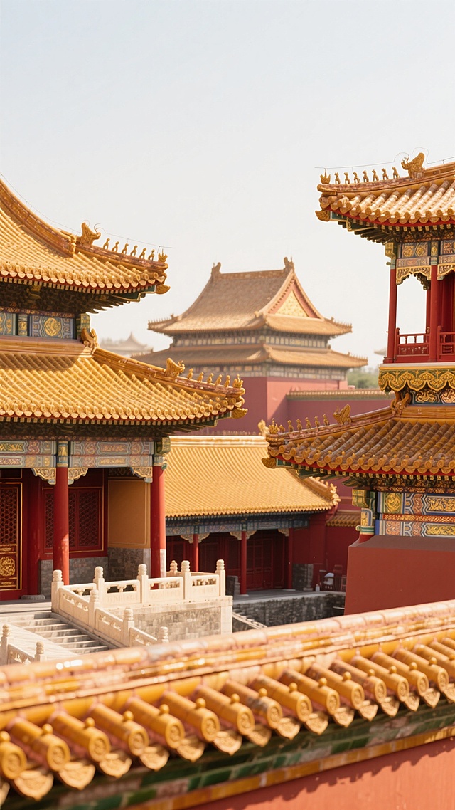 具有中国传统建筑风格的故宫场景，金色与红色为主色调，展现故宫的壮丽与庄严。画面中可以看到故宫的标志性建筑，如太和殿、角楼等，屋顶的琉璃瓦在阳光下闪闪发光。建筑的细节精致，雕梁画栋，展现出中国古代建筑的精湛工艺。背景采用干净的风格，符合现实逻辑，适用于背景素材使用。