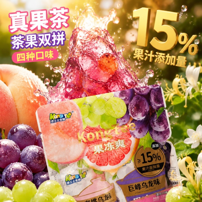 [主图-2] 港天大食糖果冻爽核心卖点图，多巴胺甜酷可爱风格。展示撕开吸嘴袋后Q弹果冻爆汁的特写画面，搭配真实果肉原料。商业摄影质感，自然逆光突出果冻通透Q弹，汁水丰盈的质感。画面主体为挤出来的果冻，预览效果