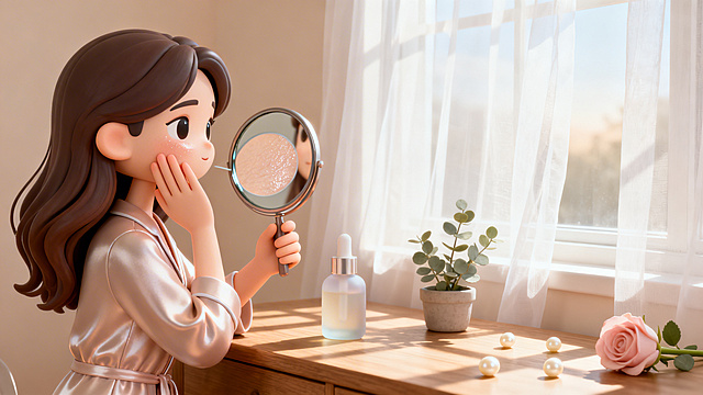 趣味3D插画风格，C4D渲染，OC渲染，Blender建模，柔软光线，马卡龙色系，泡泡玛特盲盒质感，光滑黏土材质，影棚打光，8k分辨率，超细节，3D插画风格，清晨窗边梳妆台前，一位温柔女性穿着浅色真丝睡衣侧对镜头，长发松散，晨光透过白色纱帘柔柔洒落，一手轻触脸颊，另一只手拿着镜子照看，脸颊上一小块区域被放大镜效果突出显示细腻皮肤纹理和淡淡水润光泽，梳妆台上摆着磨砂质感半透明精华液瓶子、简约手持镜映出侧脸、一小盆尤加利叶、一支淡粉色玫瑰、几颗米白色珍珠散落，阳光在木质台面投下斑驳光影，表情自然柔和，极简场景，纯净极浅杏仁色渐变背景，整体氛围温柔细腻，天生肤质