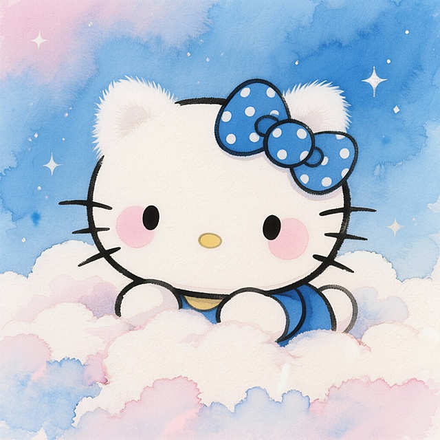 Q版Hello Kitty头像，1:1正方形，天蓝色小蝴蝶结带白色波点，耳朵边缘有奶白色绒毛，脸颊贴浅粉色圆形腮红，趴在蓬松的棉花糖云朵上，背景是渐变马卡龙蓝，点缀星星闪片，手绘细腻笔触，柔和光影，治愈可爱氛围，8K高清，无水印，百搭不挑风格