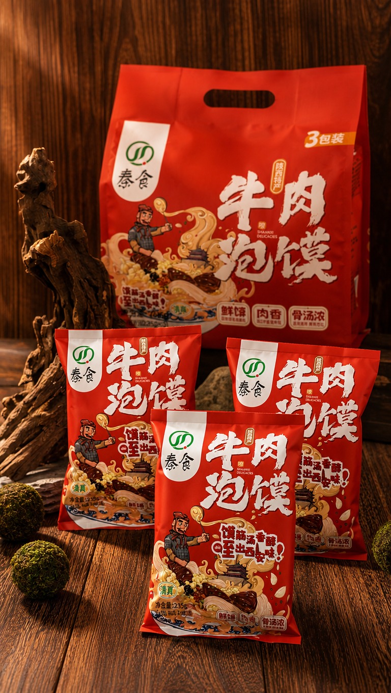 后景是红色袋装牛肉泡馍三连包大袋，前景是三袋红色牛肉泡馍独立小… - 图片创意预览