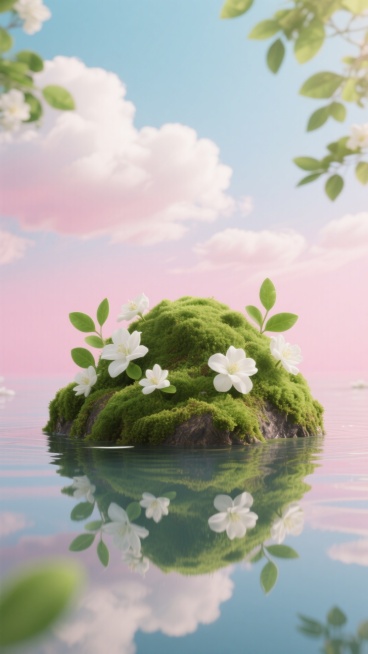 覆盖翠绿苔藓的小岛漂浮在清澈水面，周围环绕着白色花朵与绿叶，背景是淡粉色天空和洁白云朵，水面有清晰倒影预览效果