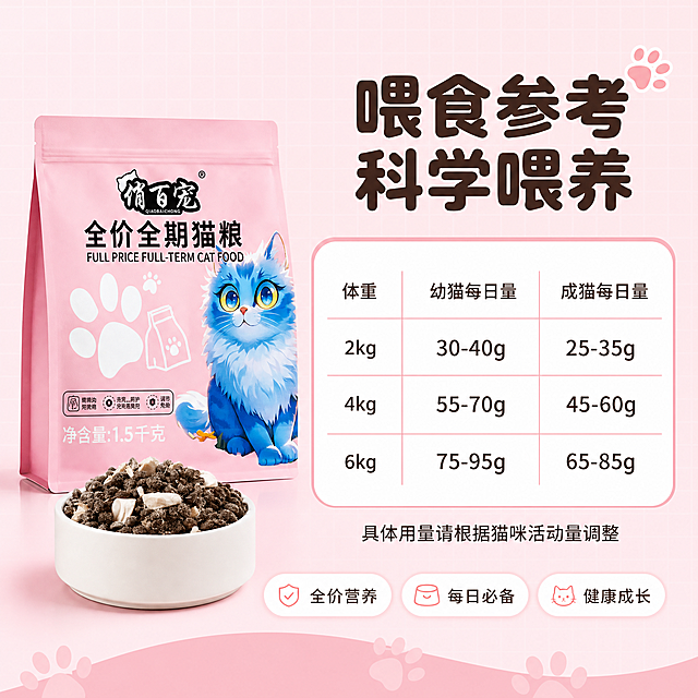 [主图-5] 喂食标准与规格 全价全期猫粮用量参考图
[氛围风格] 清晰实用 暖粉主色 信息规整 圆润可爱字体
[画质] 商业摄影质感 产品清晰 信息卡片干净 画面整洁
[元素] 画面左侧立放俏百宠全价全期猫粮粉色包装袋 正面完整展示 品牌名称清晰 包装袋旁边放一碗盛满的猫粮 深褐色颗粒加白色冻干 画面右侧为喂食标准信息区 背景为暖粉色渐变 带有淡淡的网格纹理 底部有猫爪印装饰图案 保持猫粮包装袋和颗粒的外观 颜色 质感 与输入产品图完全一致 杜绝变形和色差 商品主体占比约45%
[光影] 左侧主光打亮产品和猫粮碗 右侧信息区光线均匀明亮 整体通透干净 无硬阴影
[配色] 主色暖粉色 背景 辅色白色 卡片和碗 强调色深棕色 标题和颗粒 表格线条为浅粉色 图标为浅橙色
[视角构图] 平视角度 产品在左 信息在右 左右分栏布局 左侧产品区约占画面45% 右侧信息区约占55% 信息层级清晰
[文字版式] 右上大标题 喂食参考 科学喂养 深棕色圆润粗体最大号字 标题下方白色圆角大卡片 卡片内有喂食标准表格 三列 体重 幼猫每日量 成猫每日量 表格行分别为 2kg 30-40g 25-35g 4kg 55-70g 45-60g 6kg 75-95g 65-85g 表格文字为深棕色 清晰易读 卡片下方一行小字 具体用量请根据猫咪活动量调整 底部三个白色圆角小胶囊 分别写 全价营养 每日必备 健康成长
[输出要求] 1:1比例 文字清晰锐利 超高清商业摄影质感
[负向提示词] 变形 文字错乱 产品图模糊 背景杂乱 水印 电商平台Logo 多余的手 畸形手