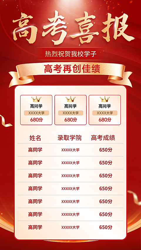 高考成绩录取喜报宣传喜庆感竖版海报