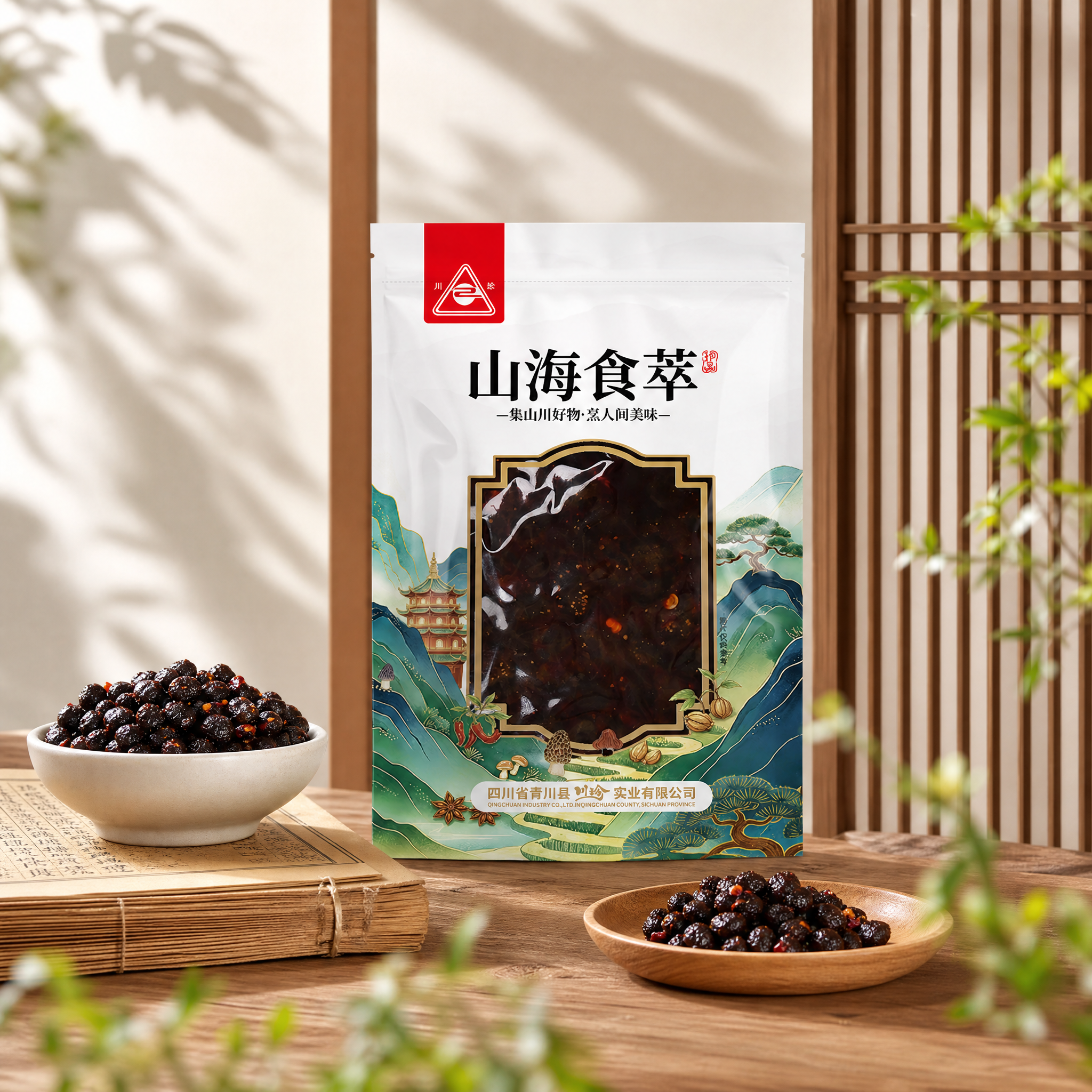 竖版商业美食静物摄影，新中式简约古风场景，浅原木实木桌面，桌面… - 图片创意预览
