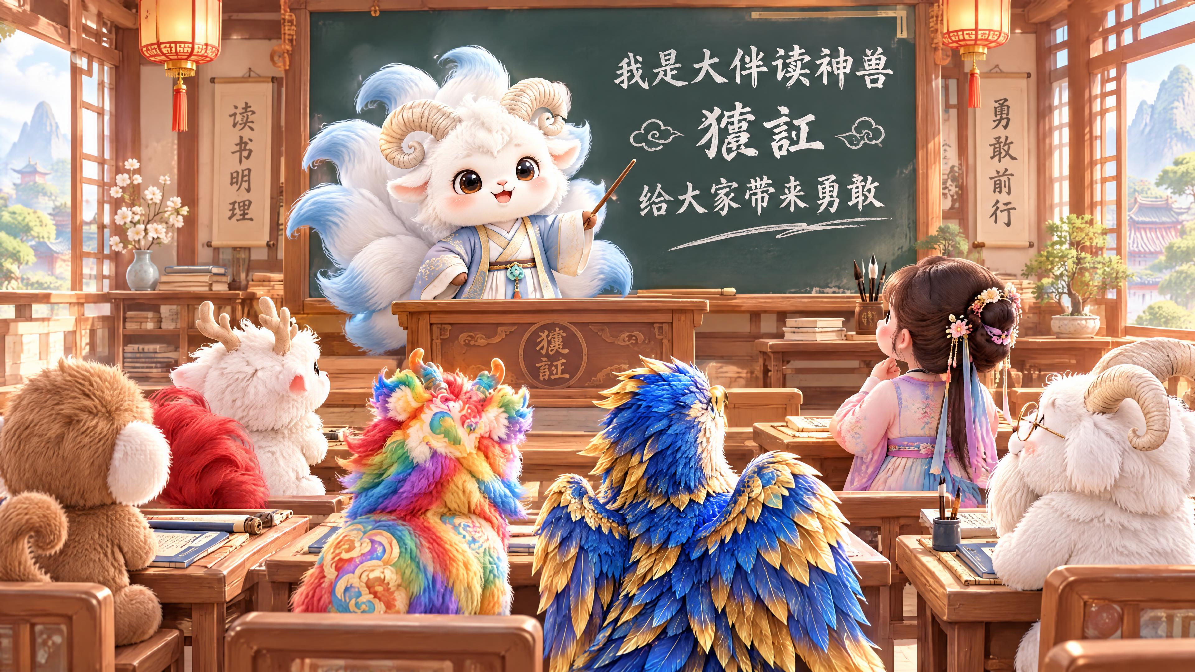 中国古代教室场景，九尾蓝尾白羊神兽（猼訑）站在讲台上，自信地给… - 图片创意预览