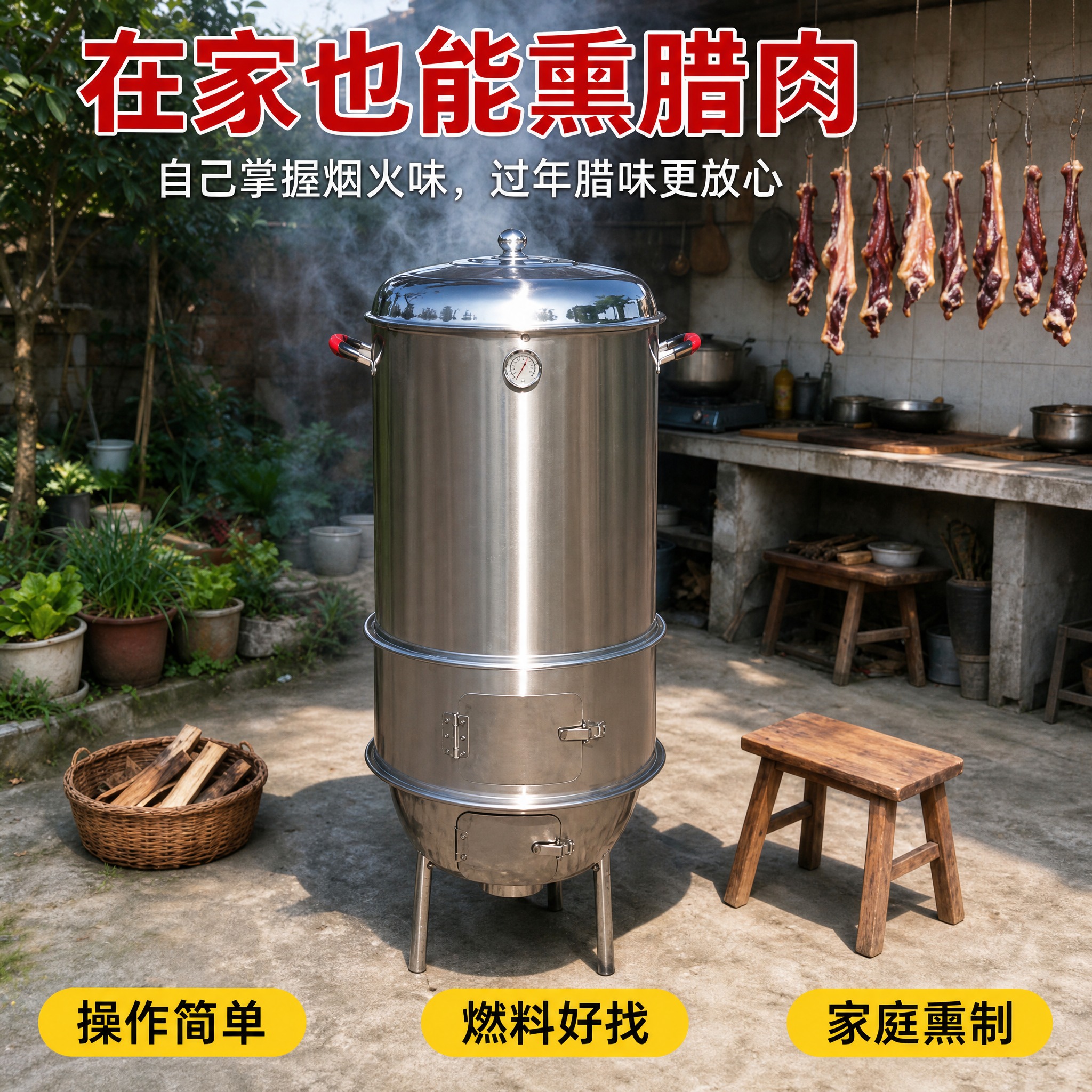 图生图·换主体：以图1为底版，只把图1画面中的不锈钢熏腊肉炉主… - 图片创意预览