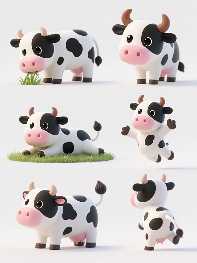 6个不同姿态的3D卡通奶牛形象集合，保持统一的白色背景，每个奶牛拥有黑白色不规则斑点皮毛、粉色鼻子、棕色弯角和明亮黑色眼睛，呈现圆润可爱的3D建模风格，平滑的材质过渡和柔和阴影效果。奶牛姿态包括：1. 站立低头吃草，2. 侧躺摇尾巴，3. 举前蹄打招呼，4. 趴在草地上仰望，5. 跳跃腾空姿态，6. 转头回望。所有奶牛形象等大规整排列成2行3列，间距均匀，整体保持简洁明快的视觉风格和一致的卡通化处理。