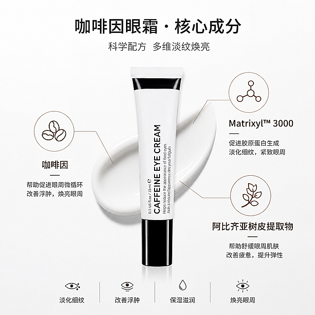 咖啡因眼霜成分展示图，列出核心成分咖啡因、MatrixylTM 3000、阿比齐亚树皮提取物，每个成分搭配简约图标，眼霜产品居中展示，干净简约护肤成分图风格，高清清晰