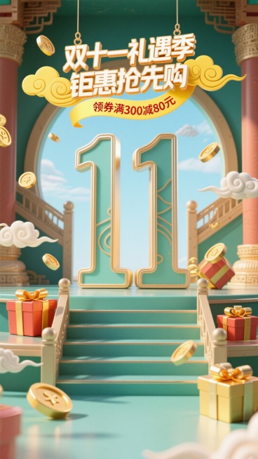 古风，画面以巨型“11” 装置为视觉核心，上方悬挂 “双十一礼遇季 钜惠抢先购” 立体字，搭配黄色祥云飘带标注 “领券满 300 减 80元”。周围散落祥云、礼盒、金币等，背景是古色古香的阶梯与圆形拱预览效果
