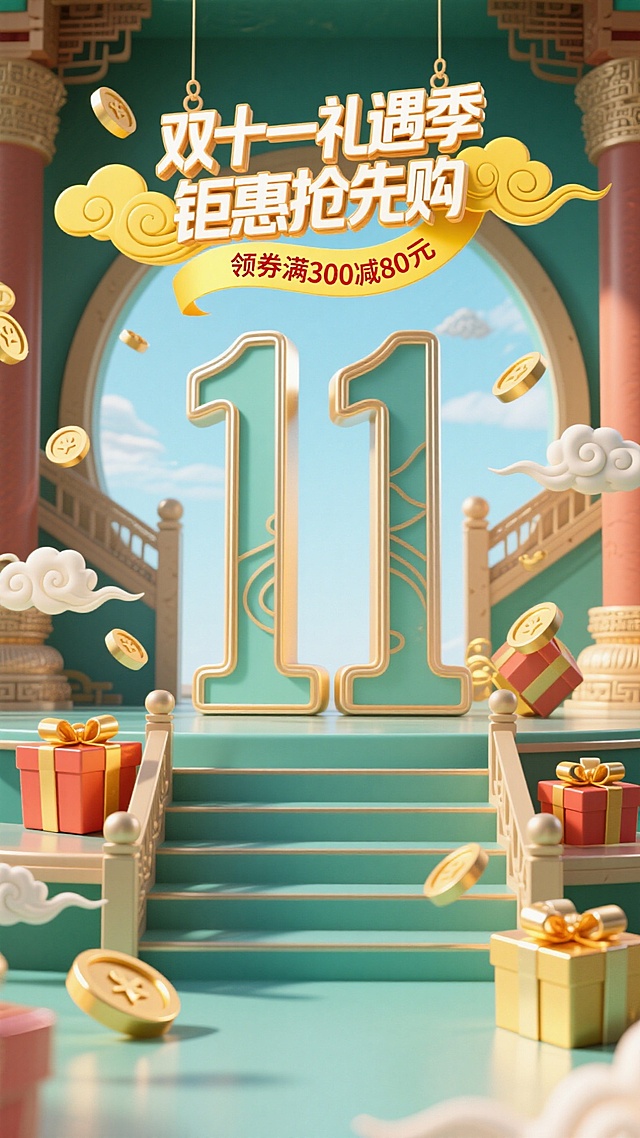 古风，画面以巨型“11” 装置为视觉核心，上方悬挂 “双十一礼遇季 钜惠抢先购” 立体字，搭配黄色祥云飘带标注 “领券满 300 减 80元”。周围散落祥云、礼盒、金币等，背景是古色古香的阶梯与圆形拱门。