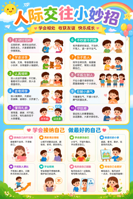 设计一张儿童人际交往小妙招宣传海报，活泼明亮风格，图文结合。标题：人际交往小妙招。内容包含以下要点：1.主动打招呼：见到同学、老师主动问好，微笑点头，大家都愿意和你做朋友。2.学会分享：玩具、文具、零预览效果