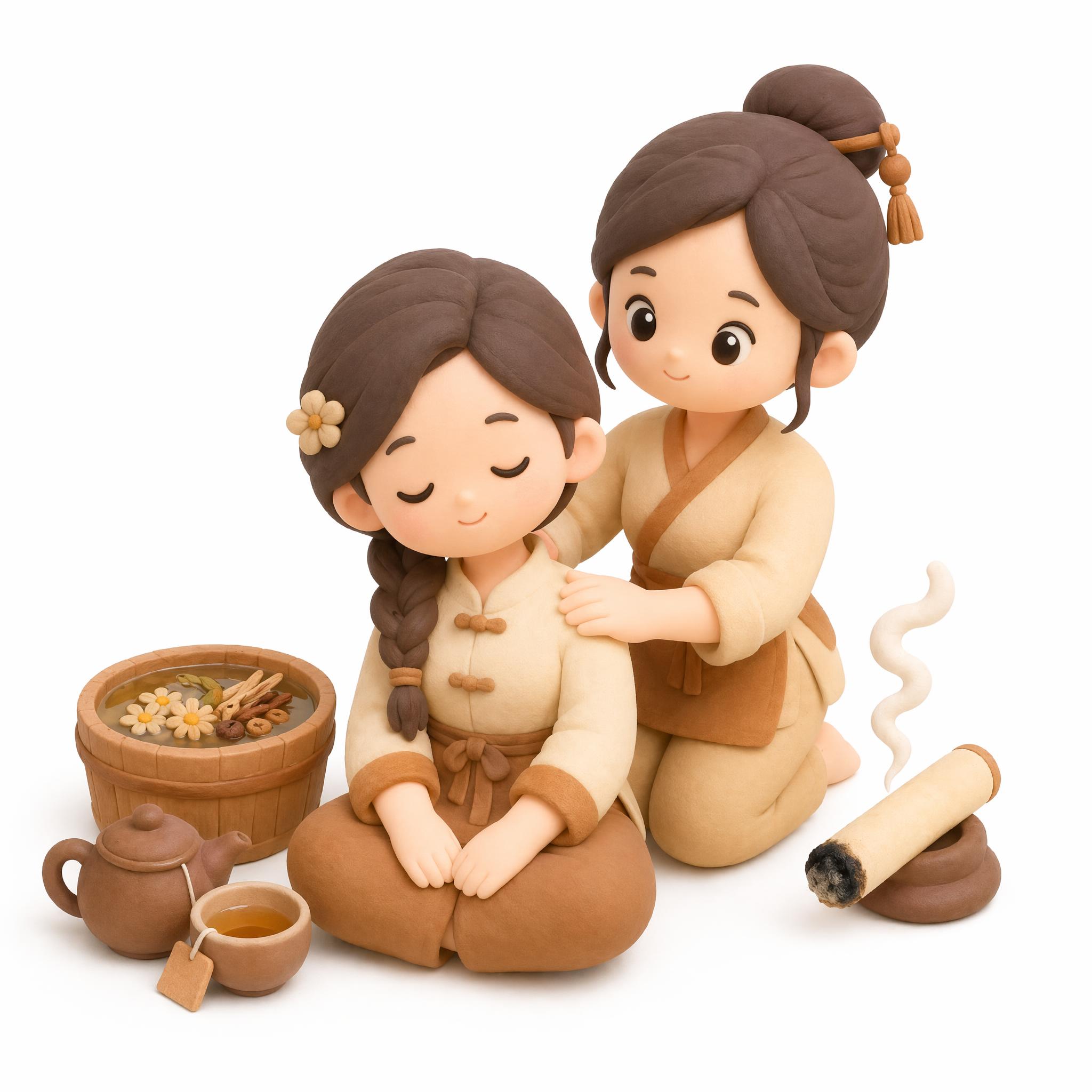 修改这张图片，将按摩师和被按摩者改成不同的发型和服饰，给装药材… - 图片创意预览