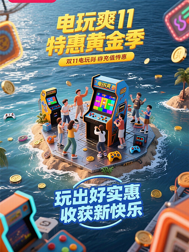 双11电玩套餐充值特惠海报，背景是充满钢铁的快乐游戏岛屿，周围大海环绕，主标题是电玩爽11 特惠黄金季，字体是带有齿轮的铜制配件，整体色调明亮有光泽，颜色主要以蓝色为主，副标题是玩出好实惠 收获新快乐
圆形的卡通字体为主，颜色是和蓝色互补的色系，周边装饰要有街机风格的元素。