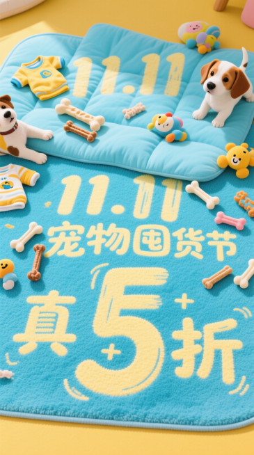 俯视视角聚焦浅蓝柔软垫，上散放宠物衣服、狗咬棒、卡通玩具、磨牙骨头棒（小尺寸）。底部地毯上印着浅深黄色艺术字 “11.11 宠物囤货节”，手写风 “真 5 折” 在下方，“5” 大字突出。配色蓝 +预览效果