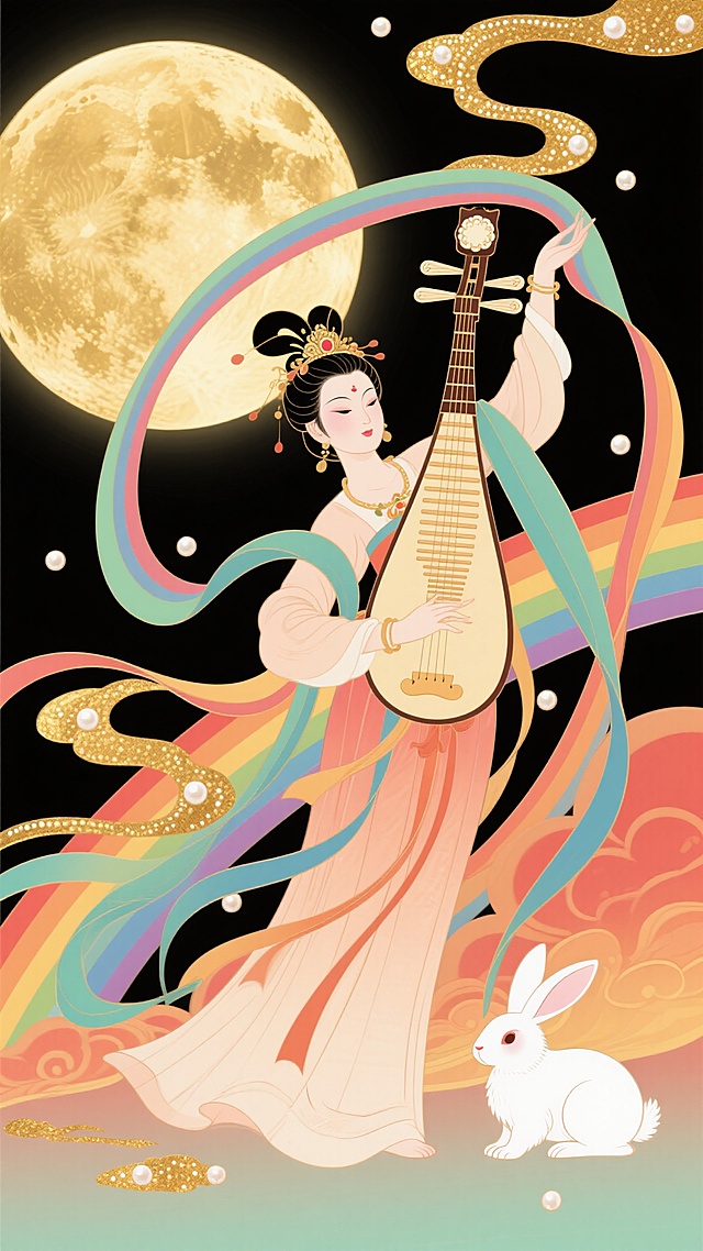 中国非遗风格，汉服舞者手持彩虹飘带，演奏古筝和琵琶，身旁有玉兔，背景是金色巨月、黑色夜空、彩虹渐变云彩，具有金箔和珍珠镶嵌效果