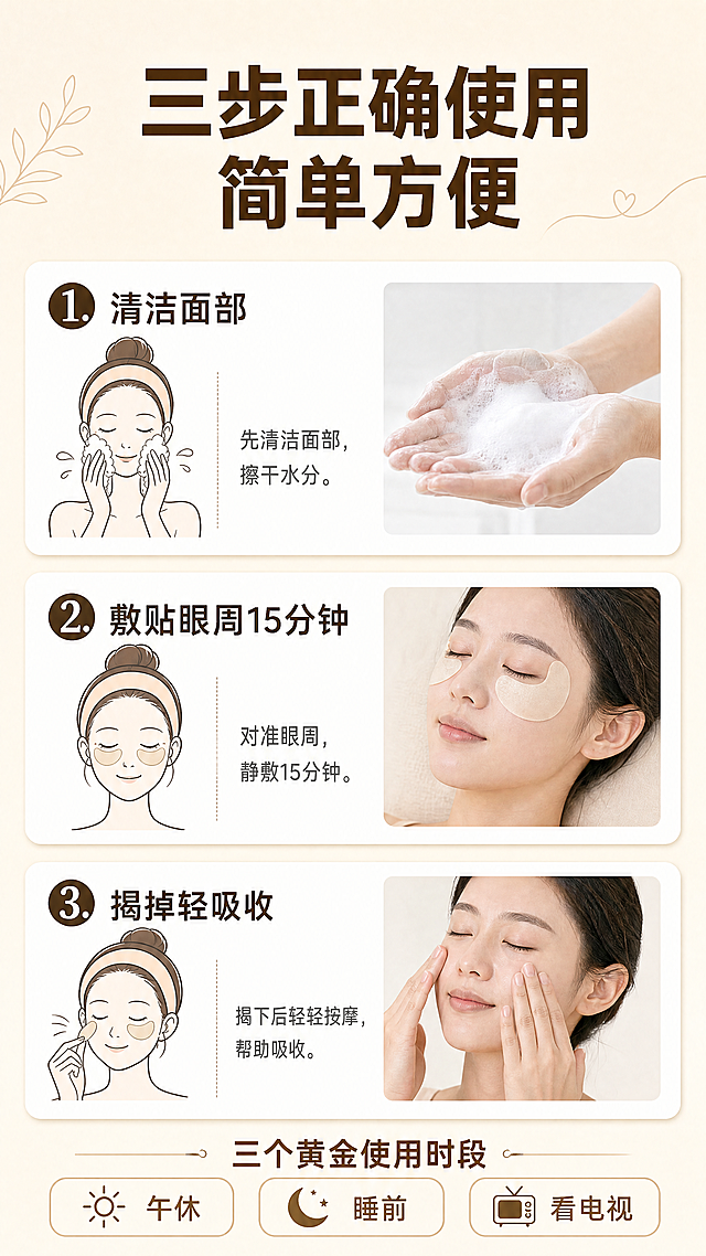[第4屏] 正确使用方法屏，分三步说明护眼贴使用方法，降低使用顾虑。本屏使用【图1】作为产品参考。
[氛围/风格] 简洁明了，清晰易懂，暖浅棕底色，干净手绘+实拍结合风格。
[元素布局] 顶部大标题，然后分三步纵向排列，每一步包含简笔画示意图+实拍图+文字说明，底部标注三个黄金使用时段。整体布局清爽，每一步占比均匀，图文对应清晰。
[光影质感] 整体光线均匀明亮，示意图和实拍图都清晰可辨，文字无模糊发虚。
[配色色系] 全局底色：#F5F0E6；步骤卡片：#FFFFFF；标题深棕，说明文字深灰，浅棕线条装饰。
[视角构图] 竖版上下排版，一步一个模块，从上到下阅读逻辑清晰，符合移动端使用习惯。
[文字版式] 顶部主标题“三步正确使用 简单方便”加粗深棕色大字；第一步“1. 清洁面部”简笔画示意洁面动作，搭配实拍手部清洁图；第二步“2. 敷贴眼周15分钟”简笔画示意敷贴位置，搭配实拍护眼贴敷在眼周图；第三步“3. 揭掉轻吸收”简笔画示意揭下动作，搭配实拍揭下后轻按吸收图；底部用三个圆角标签标注“午休”“睡前”“看电视”，标注文字“三个黄金使用时段”。文字字号适合手机阅读，清晰可辨。
[比例分辨率] 9:16竖版比例，4K分辨率，文字清晰可辨。
[负向提示词] 步骤错乱，图文不对应，文字模糊，背景杂乱，水印。
