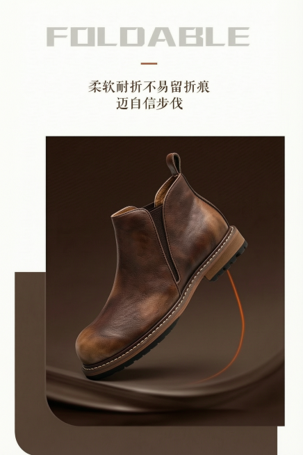 将第一张图中的鞋子替换成第二张图中的切尔西短靴，保留第二张鞋子的样式、颜色和材质，保持原海报的排版、文字和背景不变预览效果