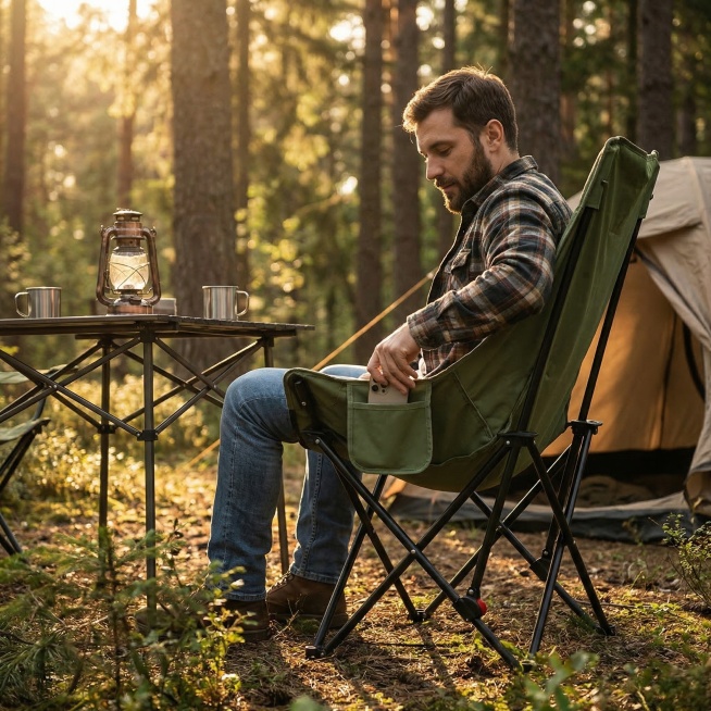 一张户外露营风的商业摄影图，主体是一把军绿色折叠露营椅，保持椅子原本的物理结构和形态不变，强制保留椅子侧边的绿色口袋。一个休闲打扮的外国男人自然坐在露营椅上，他的一只手正将手机放进椅子侧边的绿色布袋中预览效果