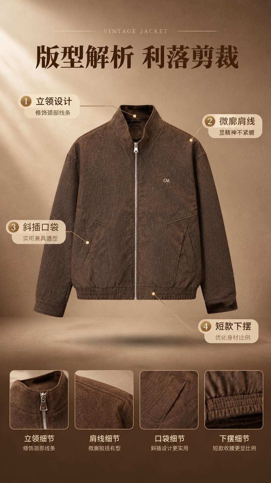[商品] 使用【图1】复古棕色立领拉链夹克；商品处理：保留立领… - 图片创意预览