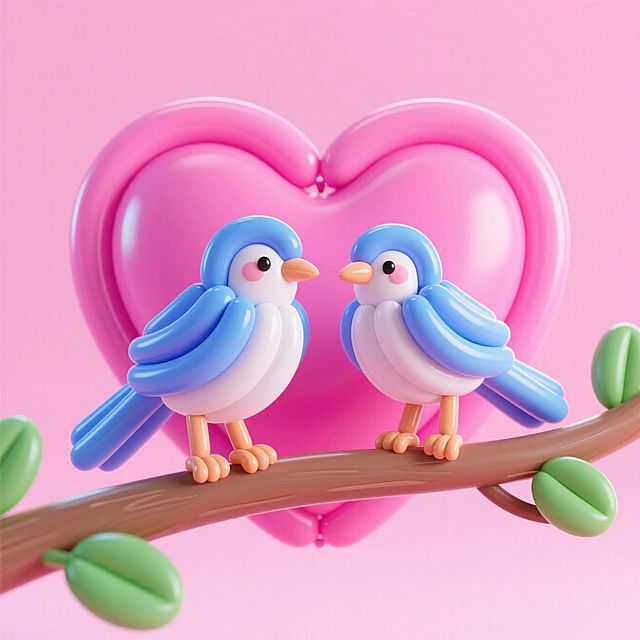 两只抽象的蓝羽白腹喜鹊（通过细长条气球扭曲拼成），站在树枝上，树枝上有绿叶，可爱卡通。身后有一个巨大的粉色爱心，柔和的粉色渐变背景，高纯度配色