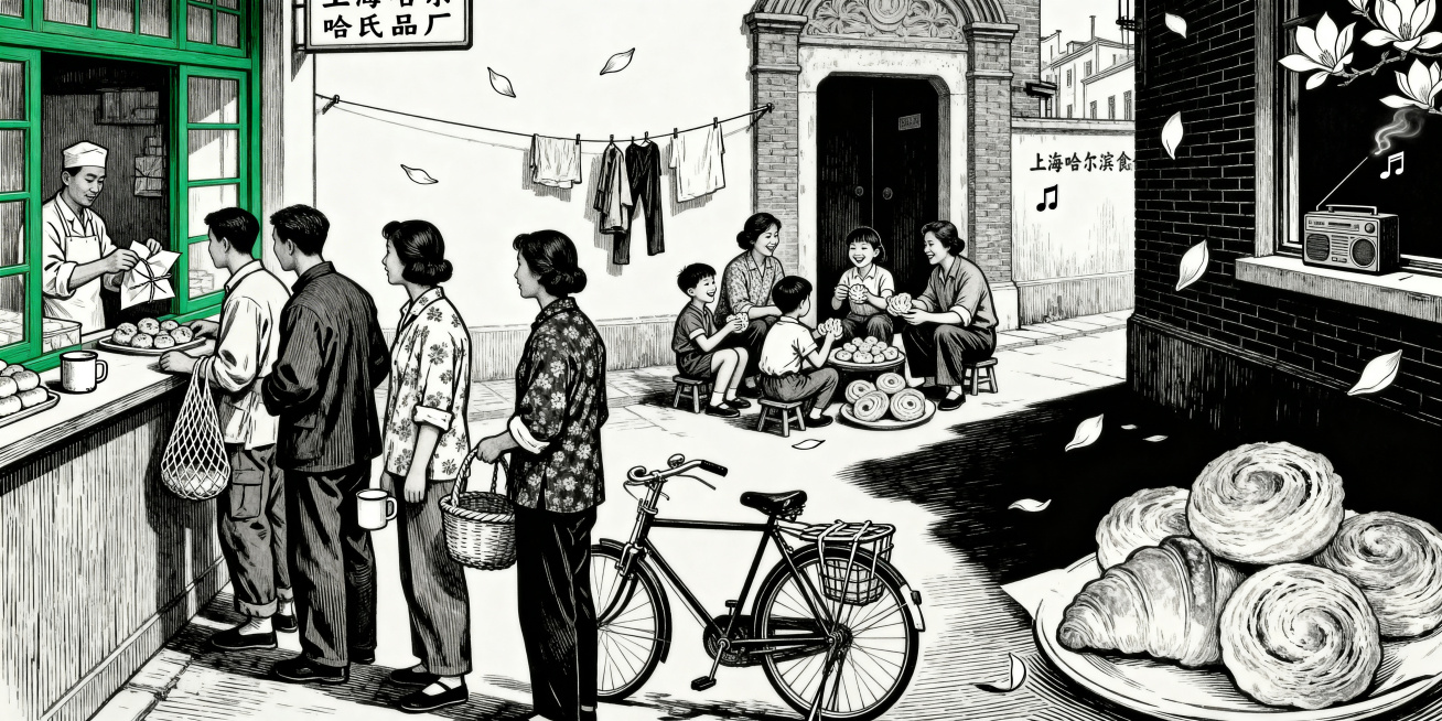 黑白版画风格，横向长卷式，描绘1970s-1990年代老上海弄堂烟火主题：左侧前景是蜿蜒的排队买糕点场景，人们提着网兜、竹编篮子、搪瓷杯，穿着中山装、工装裤、碎花衬衫，队伍尽头是带绿色边框窗口的哈氏老预览效果