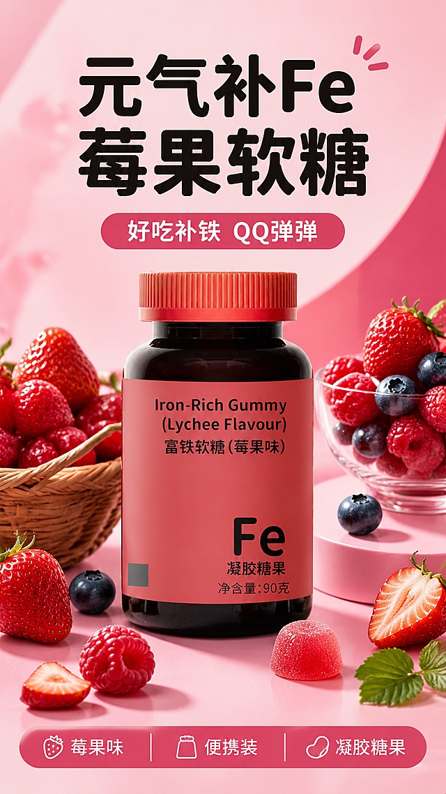 「图片1」，生成一套详情页，商品名称为富铁软糖（莓果味），适配拼多多平台，单图比例为9:16，需求屏数为8张。
