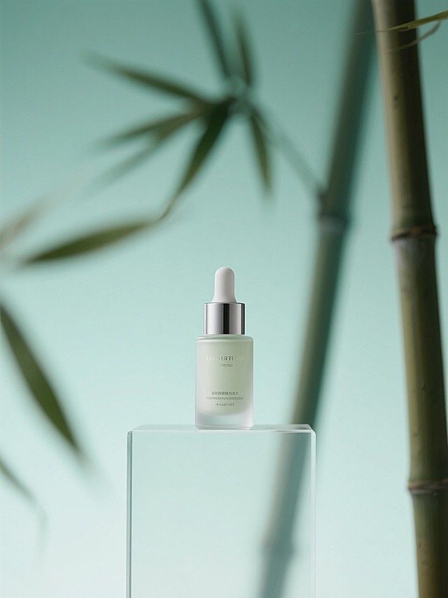 一瓶精华的特写，玻璃台子，背后是一片动态模糊有残影的竹子，淡绿色渐变背景