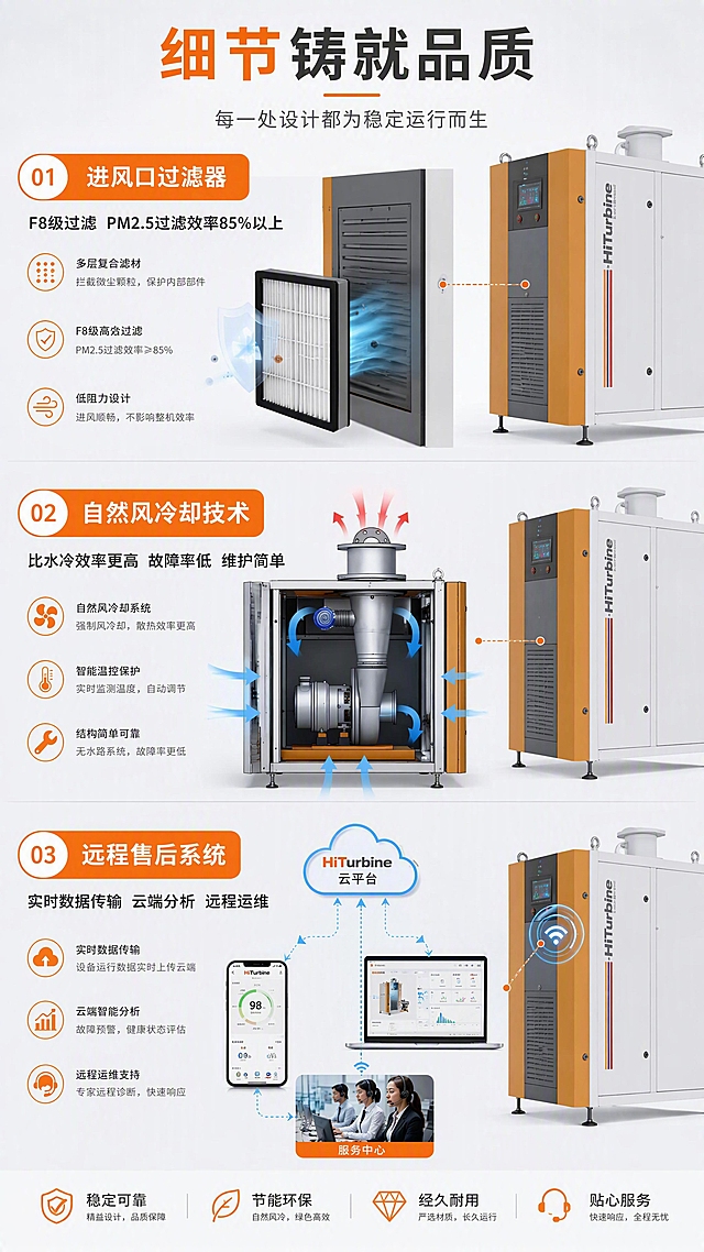 [第7张] 细节与品质页-进风口过滤+自然风冷却+远程售后系统。本张使用【图1】作为产品细节参考。
[氛围/风格] 工业科技风，浅灰底色，橙色主题，专业严谨的品质细节展示风格。
[元素布局] 画面采用上中下三段式布局，上段为进风口过滤器细节特写，中段为自然风冷却系统示意（含内部风道结构），下段为远程售后系统示意图（云端+手机端+服务中心）；每段配橙色圆角标签和说明文字；右侧有整机侧视图作为参照。
[光影质感] 均匀柔光照明，细节特写清晰，滤网材质、风道结构、系统示意图层次分明，整体明亮干净。
[配色色系] 全局底色 #F5F6F8 浅灰；主色 #FF6B00 工业橙；辅助色 #333333 深灰正文、#00A8FF 科技蓝点缀。
[视角构图] 纵向三段式构图，阅读动线从上至下，标题 → 三个细节模块依次排列。
[文字版式] 顶部主标题「细节铸就品质」，副标题「每一处设计都为稳定运行而生」。三个模块：「进风口过滤器 F8级过滤 PM2.5过滤效率85%以上」「自然风冷却技术 比水冷效率更高 故障率低 维护简单」「远程售后系统 实时数据传输 云端分析 远程运维」；每个模块配图标和简短说明。
[比例分辨率] 9:16 竖版比例，4K 分辨率，文字清晰可辨，高清画质。
[负向提示词] 文字错乱，细节模糊，水印，变形，结构错误。