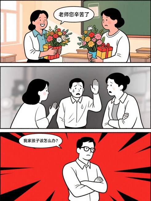 连环漫画，第一格家长双手捧满鲜花和礼物献给面带微笑的老师，背景是柔和暖色调教室，对话框文字"老师您辛苦了"；第二格三位焦虑家长围住老师，老师额头流汗举手安抚，背景用低饱和冷色调，动态模糊处理肢体动作，预览效果