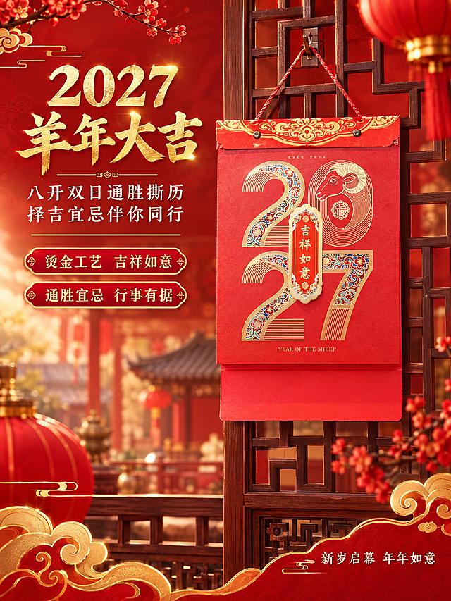 [商品] 使用【图1】【图2】【图3】【图4】2027羊年八开双日择吉通胜撕历挂历；保留红色挂绳、烫金2027羊年图案、吉祥如意竖牌、八开竖版挂历结构、中国红底色与金色纹样；商品处理：增强烫金金属光泽与红色纸面纹理，保持产品原貌不变。
[画面] 页面目标：氛围头图，建立年节喜庆第一印象。构图：居中偏右悬挂主产品（吉祥如意款），占画面约55%，左侧留白放标题区。景别：中景。前景点缀金色祥云与红色灯笼剪影，中景为挂历主体悬挂于中式木格栅前，远景为虚化的中式厅堂轮廓，营造浓厚年节氛围。阅读动线：左上标题→中间产品→右下情感短句。
[视觉] 套系策略：风格=传统年俗喜庆商业摄影；标题字=大气宋体加粗；正文字=雅致楷体；主色=中国红；背景延展=基于中国红做深浅渐变、暗纹祥云、金色描边层次；强调色=烫金色，仅用于标题、图标、引线和装饰纹样；标题色=烫金色；正文色=米白色；组件=金色描边红底圆角信息卡、传统回纹分隔线；光影=左前侧暖柔光，烫金部分有强烈金属反光。
[文字] 左上主标题"2027 羊年大吉"烫金色大字，副标题"八开双日通胜撕历 择吉宜忌伴你同行"米白色中字。下方两个卖点标签："烫金工艺 吉祥如意"、"通胜宜忌 行事有据"，红底金字圆角矩形。右下角小字"新岁启幕 年年如意"。文字不遮挡产品主体。
[规格] 图片比例3:4竖版，2K分辨率，避免变形、错字、文字过小、冷蓝/蓝灰背景、产品颜色改变、结构失真、水印、平台Logo。