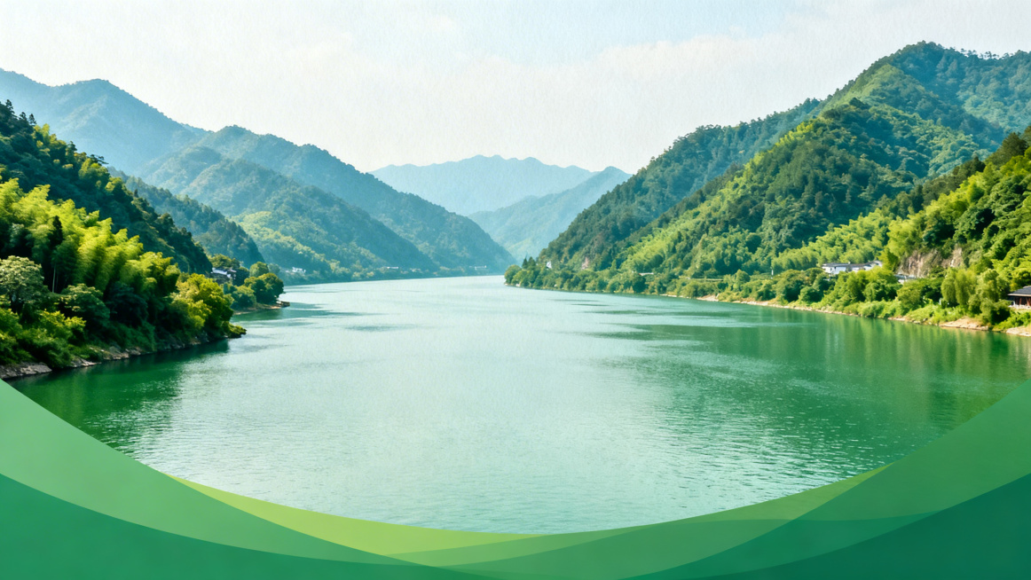 富春江山水全景图，作为PPT封面背景，青山绿水，江面开阔，空气清新，自然清新的山水风景，色调柔和明亮，风景摄影预览效果