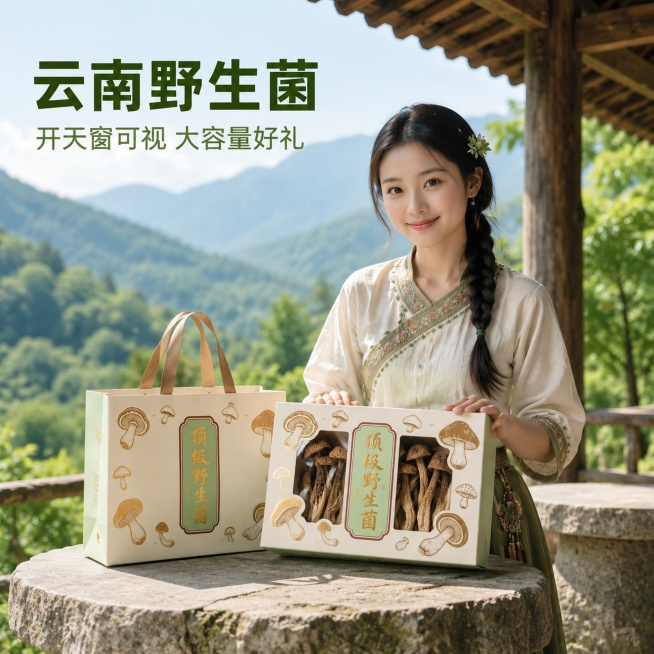 [主图-1] 云南大山亭子场景野生菌礼盒首图，一位年轻云南女孩手扶礼盒放在石桌上；
[氛围风格] 自然产地原生氛围，清新山野风；
[画质] 商业摄影质感、光线柔和通透、产品清晰真实、画面干净高级。
[预览效果