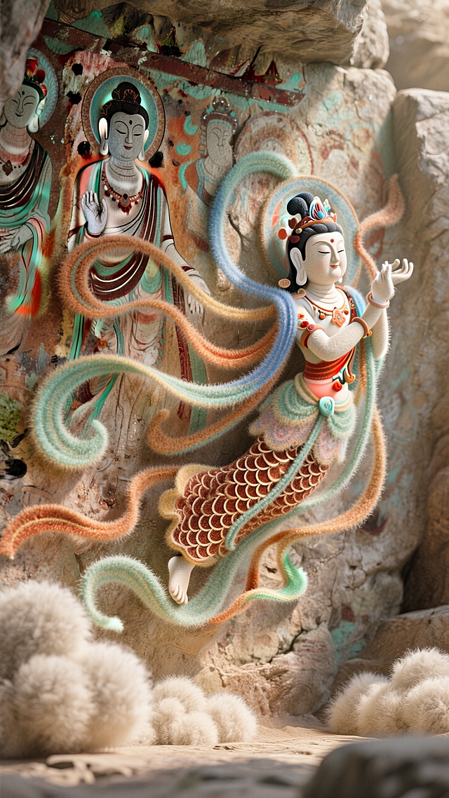 古典中式工笔风，3D角色超现实主义展现，毛发生长风飘逸，佛像背景神秘祥和。